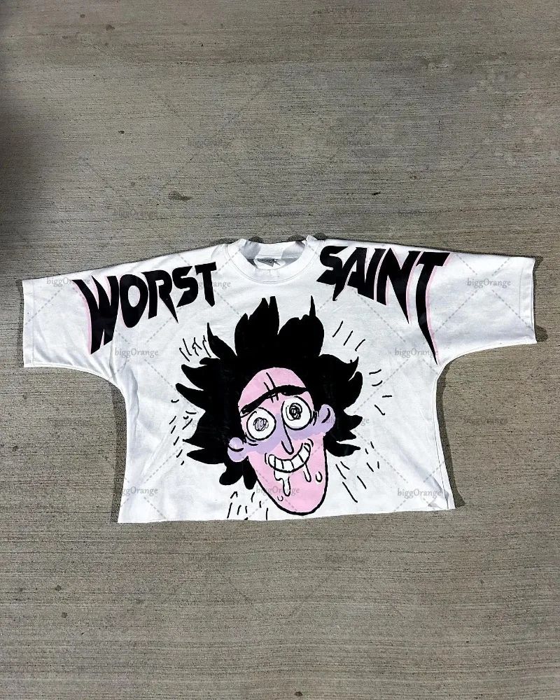 American Hip-hop Anime Print Oversized T-shirt Men Retro Trendy Streetwear Top Pure Cotton Round Neck Casual Loose Short Sleeves