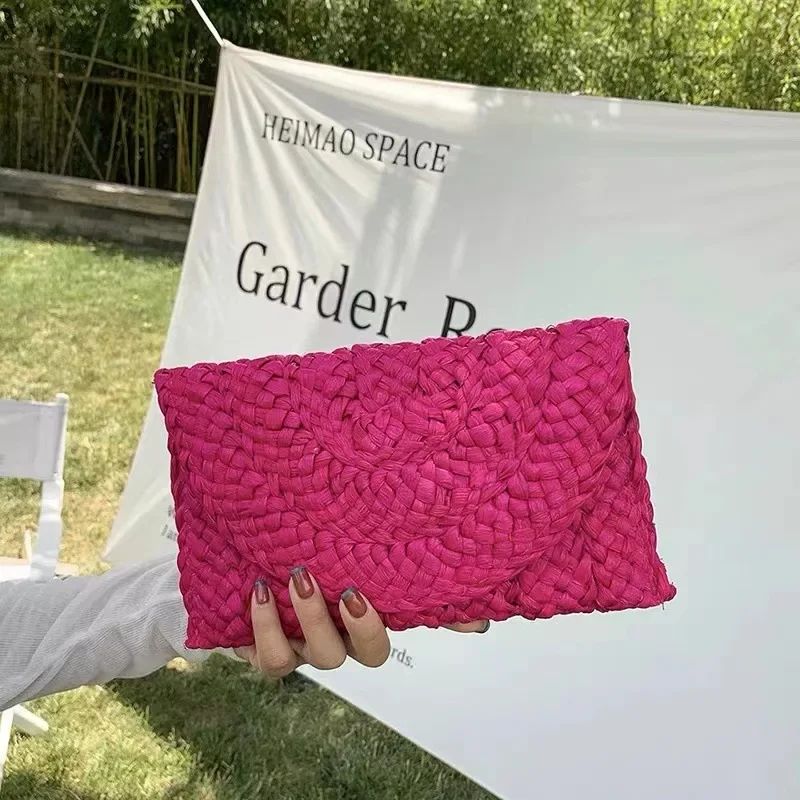 Fashionable Corn Husk Straw Bags Hand-woven Women Clutch Envelope Handbag Long Purse for Female Summer Beach Bag Bolsa 2024