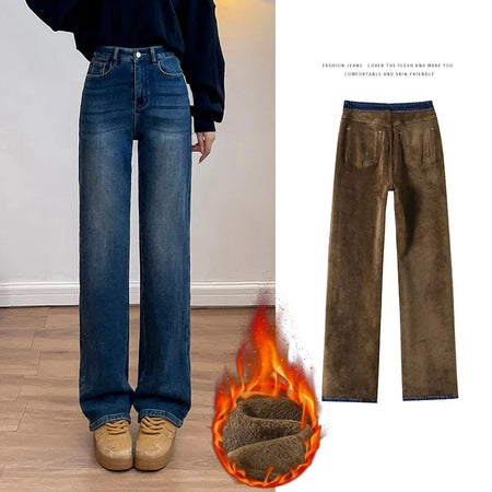Winter Thickened Women's Mink Velvet Jeans Loose Straight Warm Soft Fleece Fashion Elastic High Waist Female Pants Black Blue
