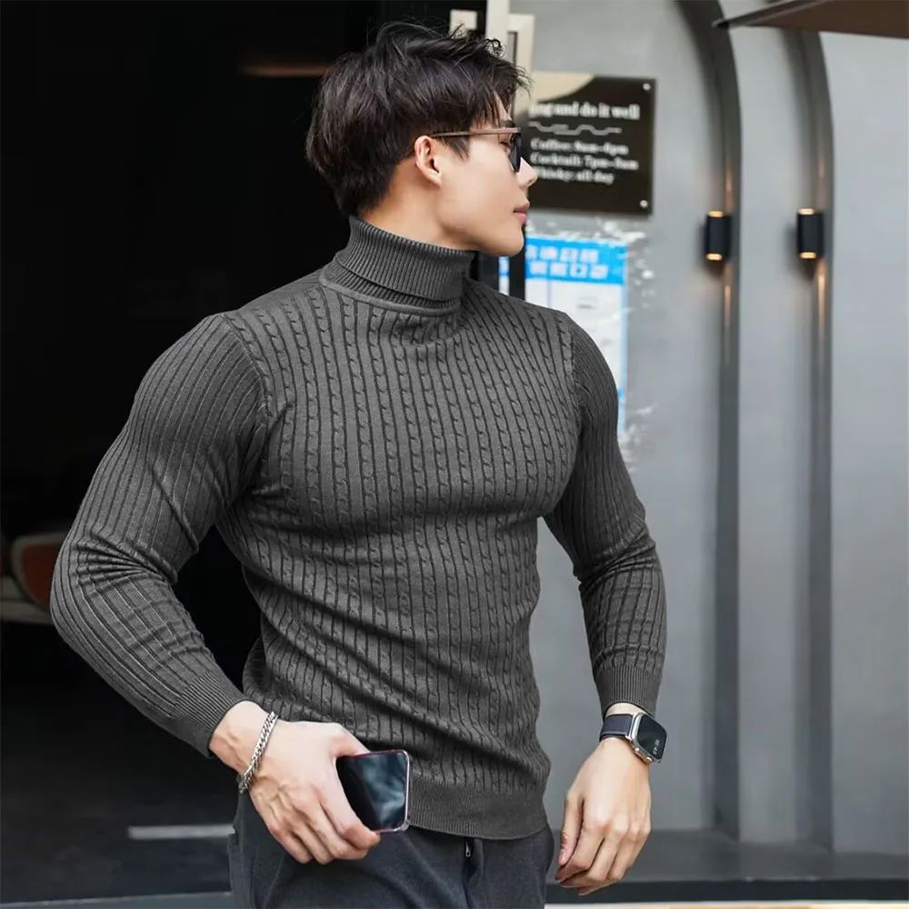 New Men's Turtleneck Sweaters Autumn Knitted Striped Streetwear Warm Long Sleeved Pullover Solid Color Basic Style Casual Tops