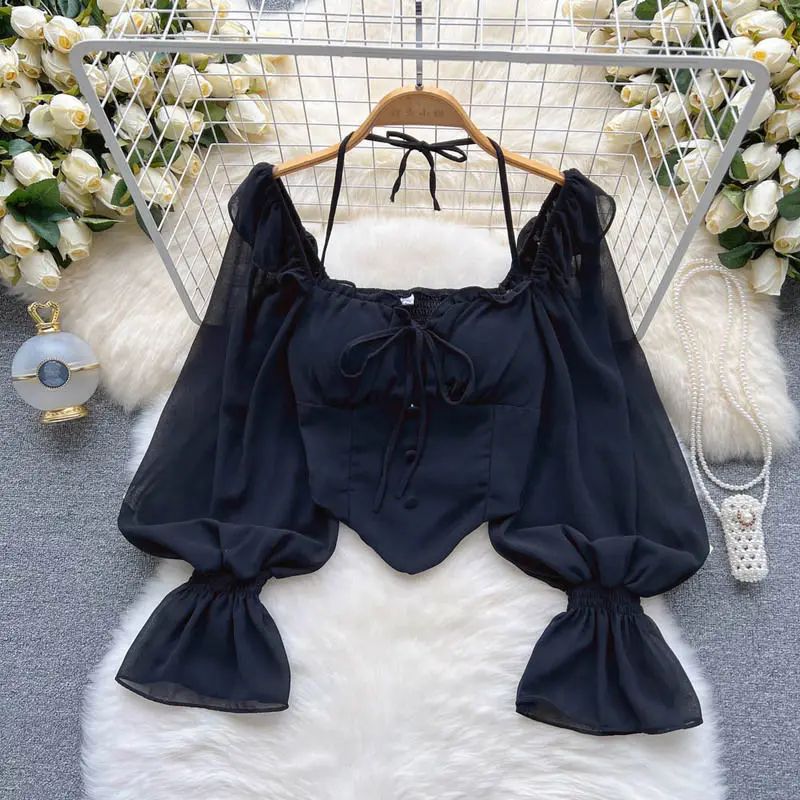 Pure Desire Aesthetic Women's Off-shoulder Top Slimming Cropped Blouse Halter Neck Flare Sleeveless Shirt Stylish Slimming