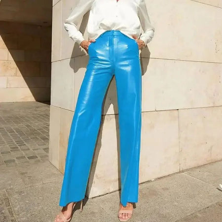 Women's Trousers Spring Fashion PU Leather Mid High Waist Lifting Hip Straight Leg Casual Women's Pants