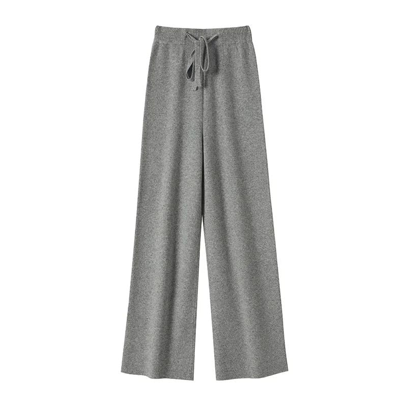 Spring Autumn Women High Waist Wool Wide Leg Pants Solid Soft Warm 100% Merino Wool Knitted Trousers Belt Casual Korean Fashion