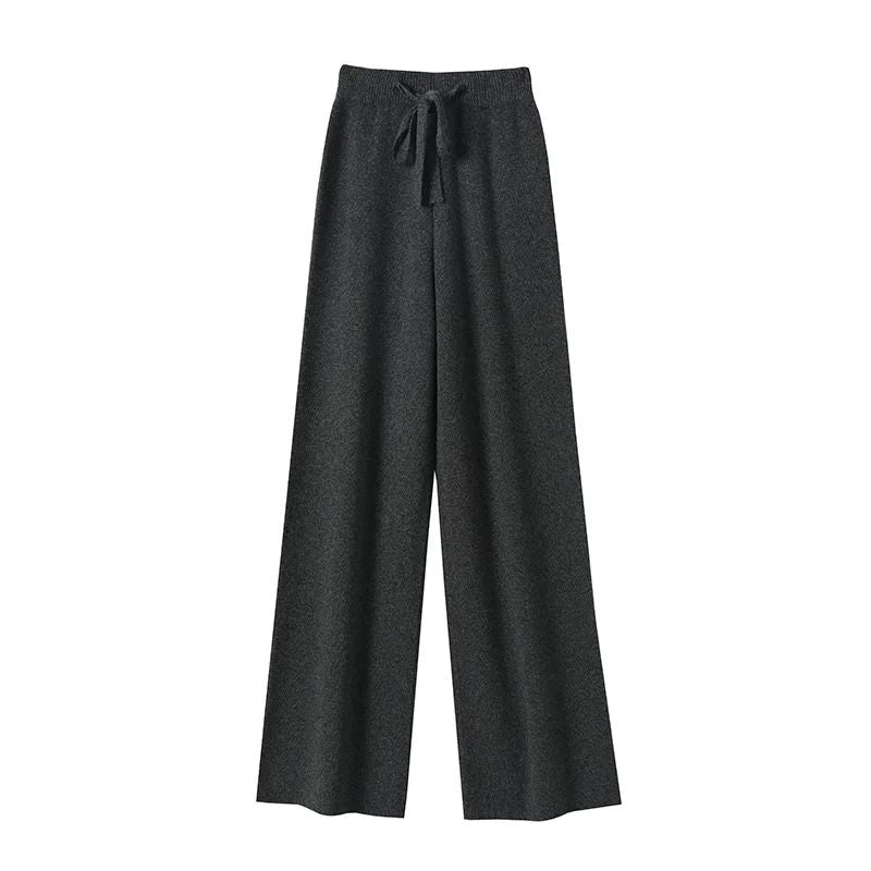 Spring Autumn Women High Waist Wool Wide Leg Pants Solid Soft Warm 100% Merino Wool Knitted Trousers Belt Casual Korean Fashion