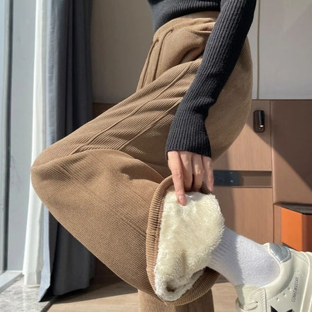 High Waist Warm Trousers Fashion Winter Fleece Thickened Women's Pants Solid Color Loose Elastic Waist Straight Casual Pants