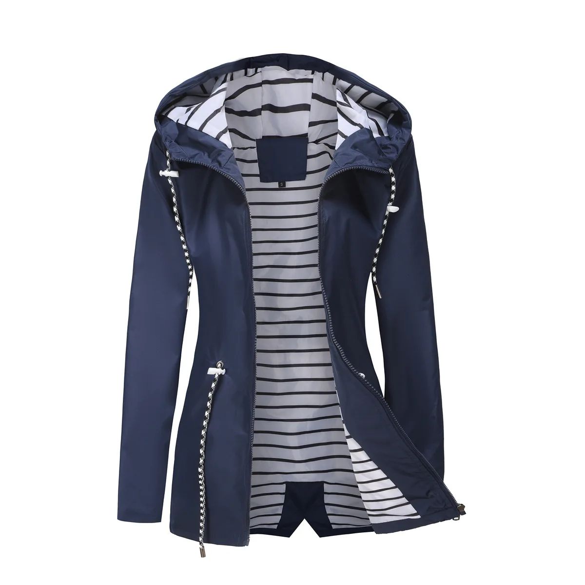 Blue Waterproof Hooded Jacket Women Fashion Casual Coat Waist Drawstring Tie Zipper Switch Red Green Yellow Black Windbreaker