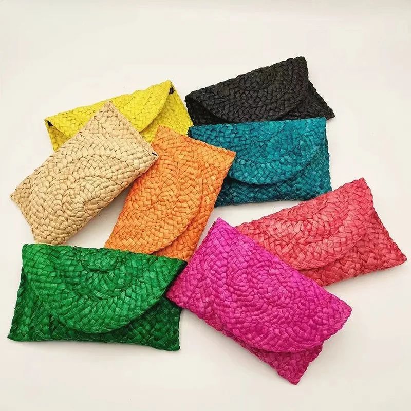Fashionable Corn Husk Straw Bags Hand-woven Women Clutch Envelope Handbag Long Purse for Female Summer Beach Bag Bolsa 2024