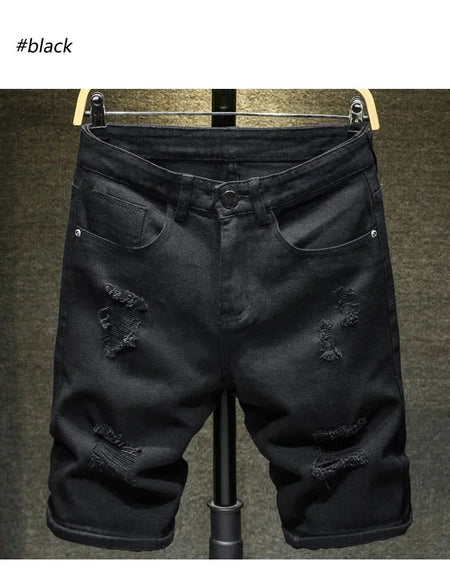 Streetwear Ripped White Denim Shorts Men New Fashion Knee Length Jeans Simple Casual Slim Hole Short Pants Male