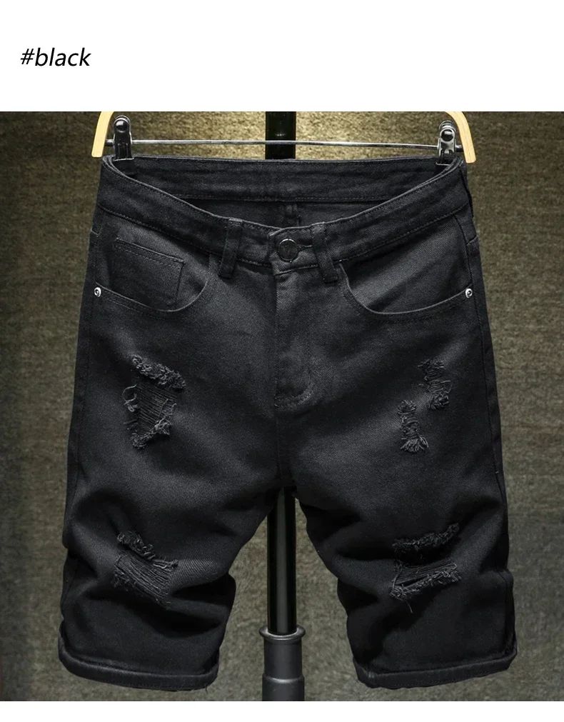 Streetwear Ripped White Denim Shorts Men New Fashion Knee Length Jeans Simple Casual Slim Hole Short Pants Male