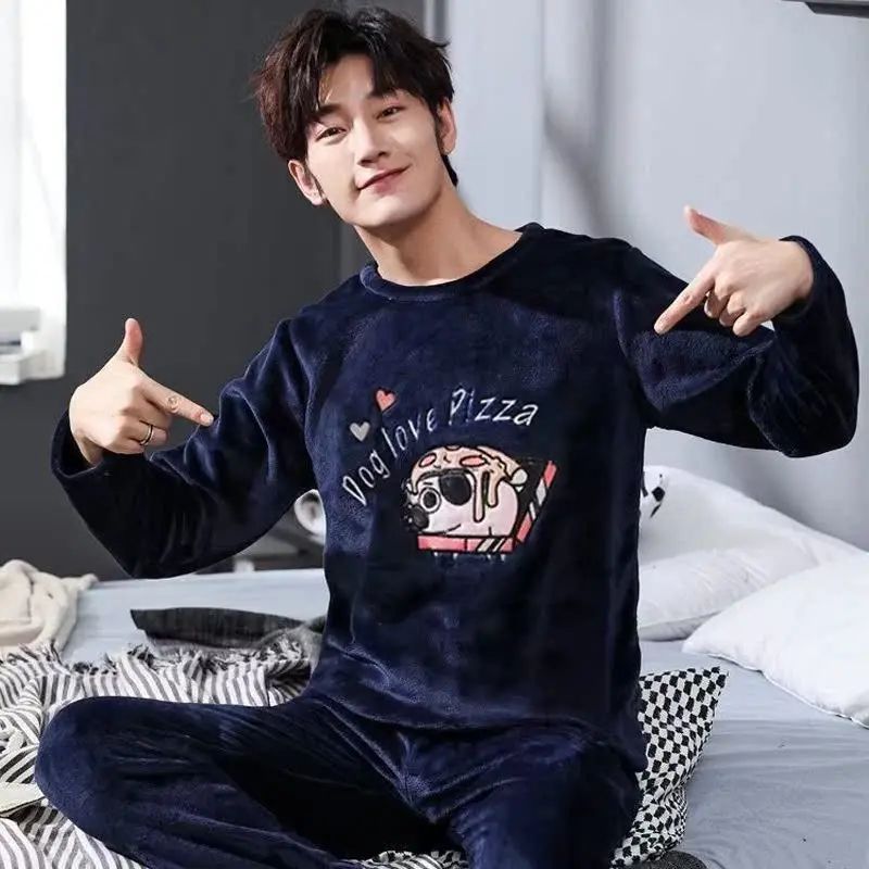 Thickened Flannel Sleepwear Set for Men Winter Home Clothes Coral Fleece Lined Autumn Winter Style Overhead Mens Nightgown