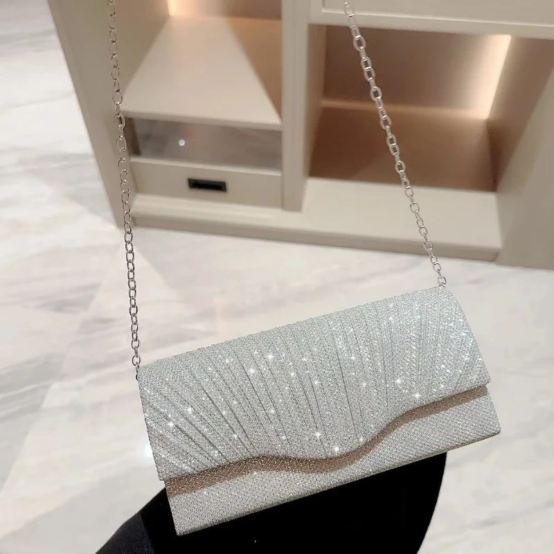Wedding Party Handbag Ladies Glitter Silver Clutch Bag Envelope Evening Bag Fashion Elegant Long Purse Women Chain Shoulder Bags