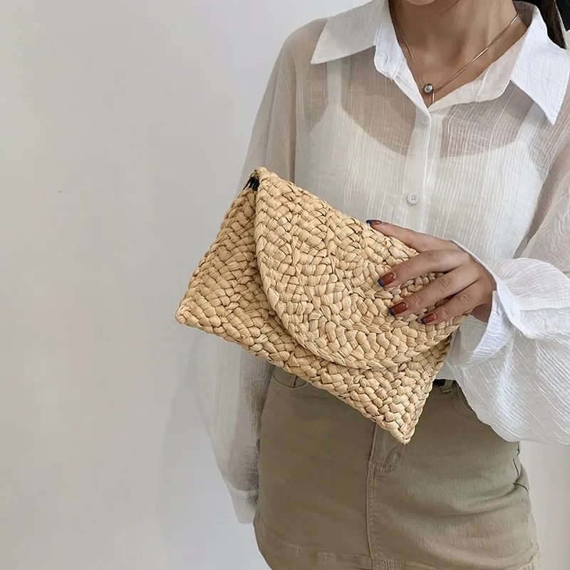 Fashionable Corn Husk Straw Bags Hand-woven Women Clutch Envelope Handbag Long Purse for Female Summer Beach Bag Bolsa 2024