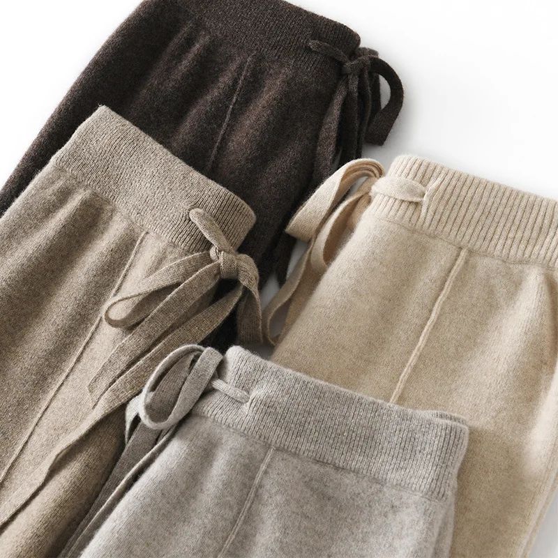 High Waist Wide Leg Pants Mid-Seam Knitted Trousers Drawstring Waist Belted Floor-Length Pure Color Versatile Autumn Winter Casu