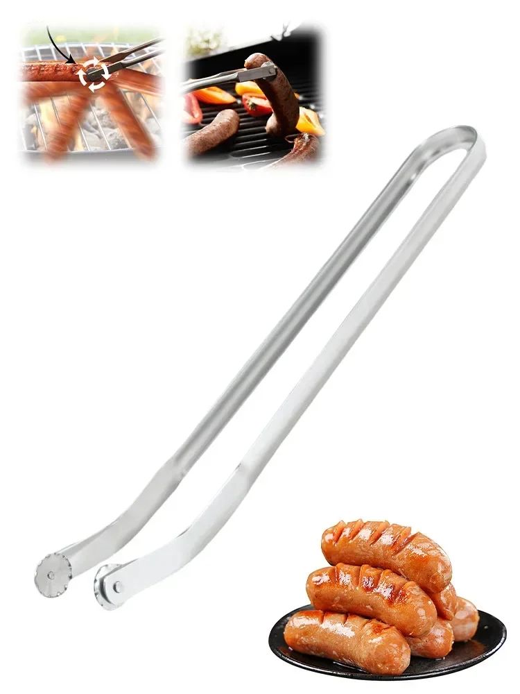 BBQ Sausage Turning Tongs Stainless Steel Nonstick Sausage Tongs Cookware Long Handle Kitchen Tong for Turning Barbecue Utensils