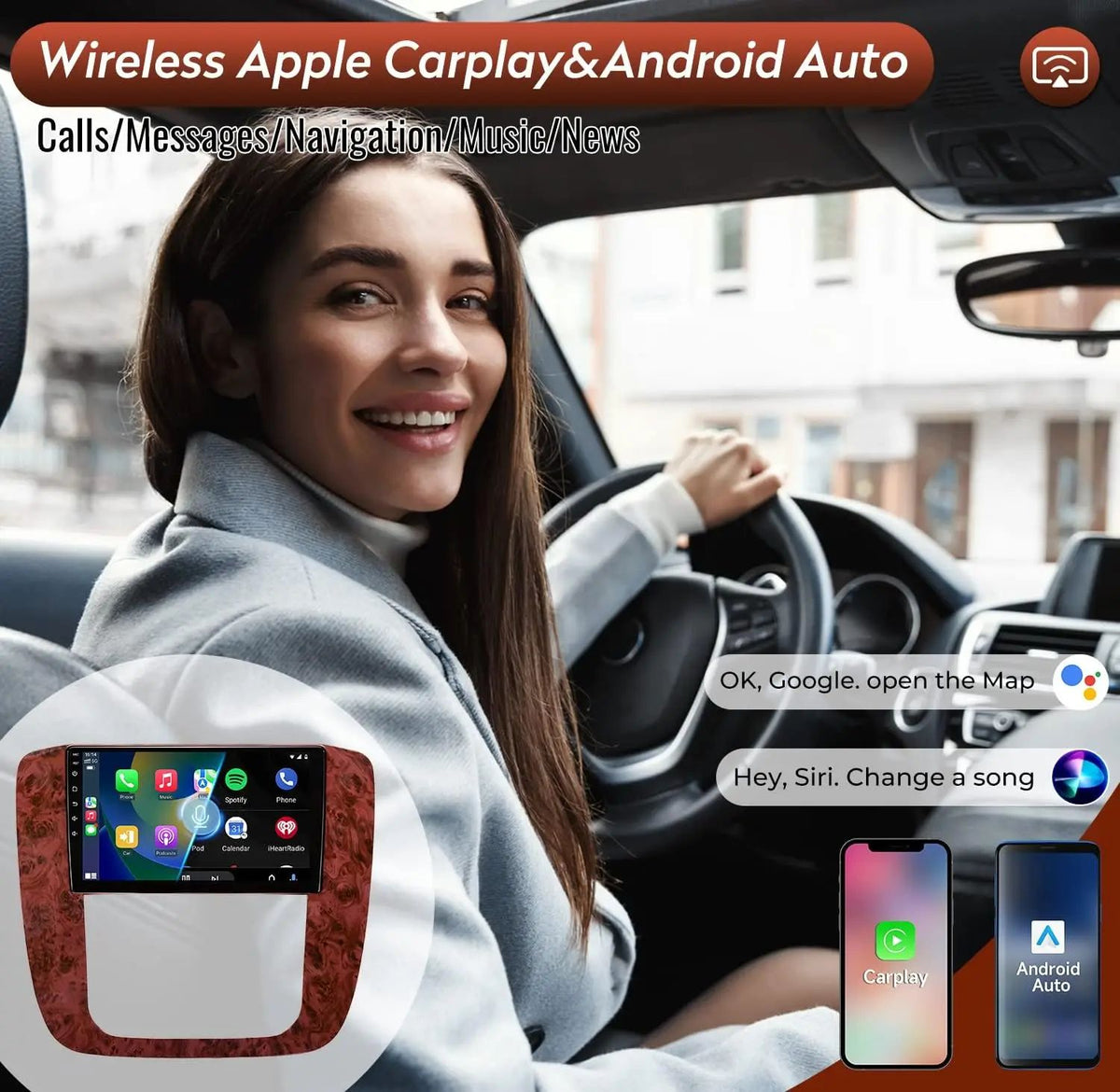 For 2006-2014 Chevrolet/GMC models Walnut-colored Android 13 9-inch in-dash navigation system with CarPlay Android Auto 2+32G