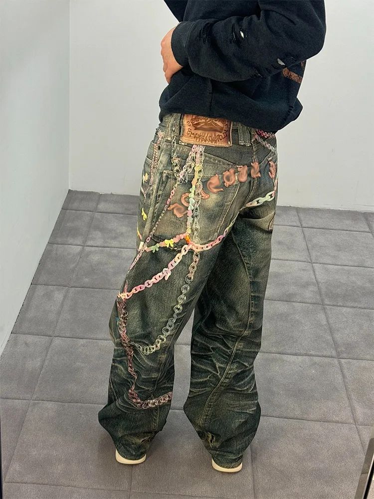 American High Street 3D Digital Print Candy Chain Weathered Knife Straight Leg Casual Jeans for Men And Women