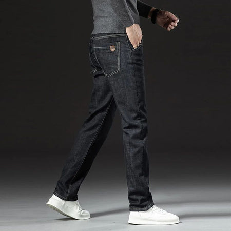 Men Winter Fleece Lined Thickened Warm Jeans Male Fashion Loose Straight Slim Fit Denim Pants Smart Casual Comfortable Trousers