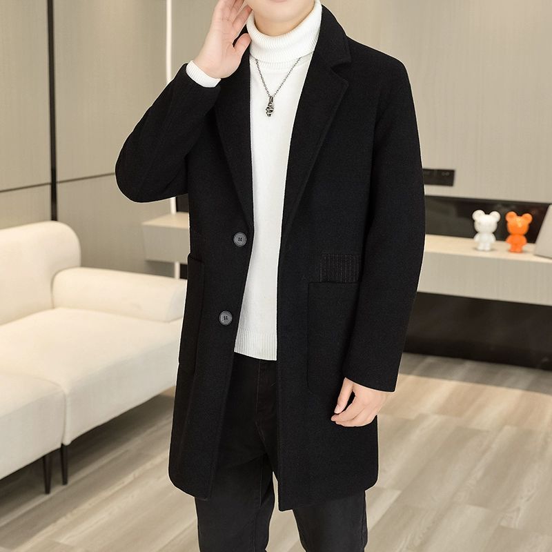 Men's Long Over-the-Knee Trench Coat Youth Black Business Casual Suit Collar Overcoat Mid-Length Trench Coat