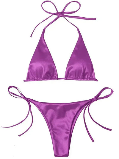 Wrap Around Halter Metallic Satin Bikini Women Swimwear Female Swimsuit Two-pieces Bikini Set Brazilian Bathing Suit Swim Lady