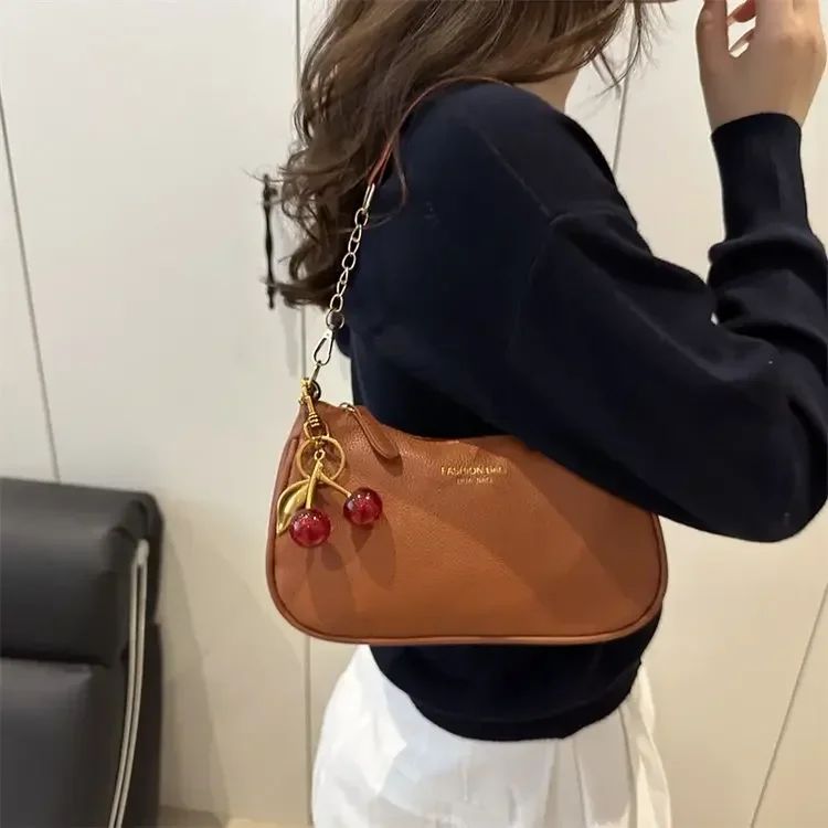 Cherry Pedant Shoulder Underarm Bag Women's Fashion Handbags Causal Hobos Purses Ladies Hand Bags Pu Leather for Work Travel