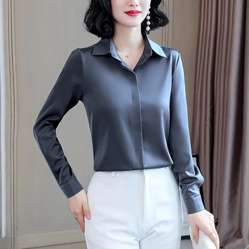 Women Silk Office Shirt 2025 Fashion Long Sleeve Casual Female Tops Elegant Ladies Vintage White Satin Blouses Shirts Oversized
