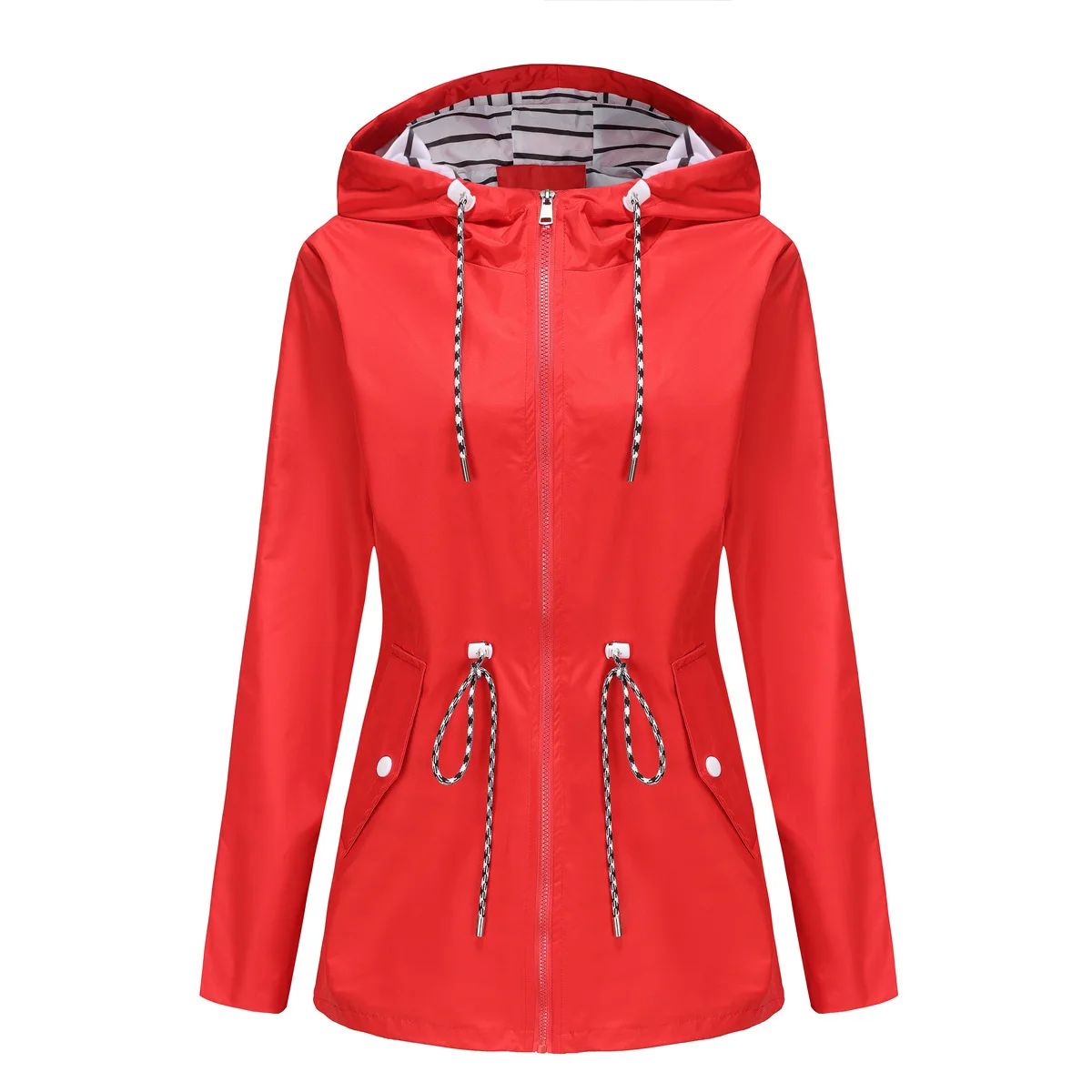 Blue Waterproof Hooded Jacket Women Fashion Casual Coat Waist Drawstring Tie Zipper Switch Red Green Yellow Black Windbreaker