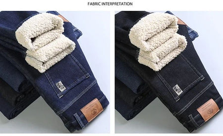 Men's Wool Velvet Jeans Winter Fleece Thickened Business Casual Straight Denim Pants Soft Cozy Thermal Stretch Trousers Male