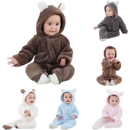 Winter Newborn Baby Plush Bodysuit Jumpsuit Cartoon Hoodies Boy Girl Romper Twins Clothes Korean version 0-12M