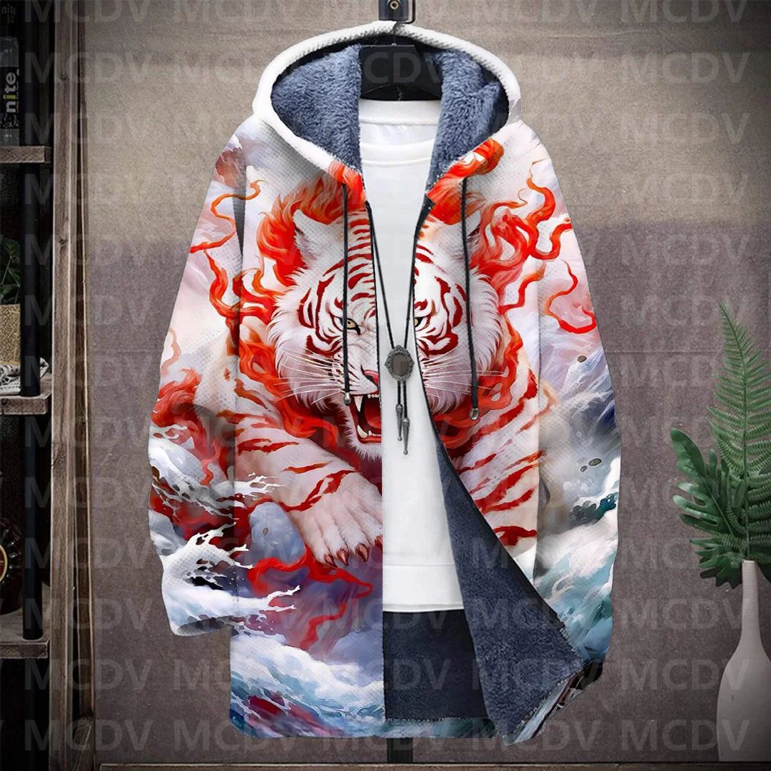 Men's Retro Print Plush Thick Long-Sleeved Coat Cardigan Tiger 3D Prined Fleece Hooded Overcoat Unisex Thick Warm Jacket