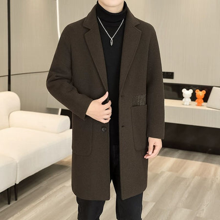 Men's Long Over-the-Knee Trench Coat Youth Black Business Casual Suit Collar Overcoat Mid-Length Trench Coat