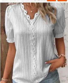 2025 Summer New Women's Blouse Top Solid Sexy V-Neck Hollow Short Sleeve Fashion Splice Plus Size Loose Street Apparel Shirt