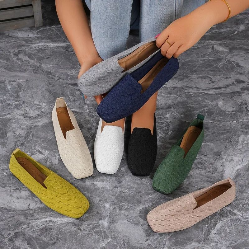2025 Solid Color Square Toe Mesh Loafers Shallow Women Flats Shoes Soft Bottom Knit Ballet Flats Shoes Casual Slip on Shoes