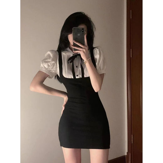 Summer Slimming Black White Splice Mini Dress Trendy Girl Outerwear Base College Style Patchwork Elegant Dress Princess Sleeve P