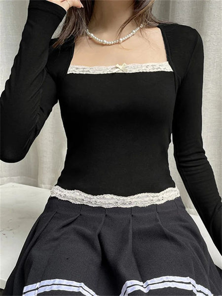 Women Spring Autumn Tops Lace Trim Square Neck Long Sleeve Slim Fit Blouse Gothic Grunge Shirts Y2K Aesthetic Kawaii Clothes