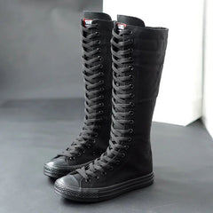 Canvas Long Boots for Women High Top Women Canvas Shoes Lace Up Knee High Boots Flats Casual Vulcanized Shoes Sneakers Girls