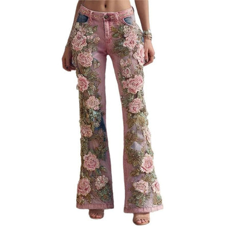 Women's Floral Embroidered High Waist Flared Jeans Vintage Boho Wide Leg Denim Pants for Party and Daily Outfits