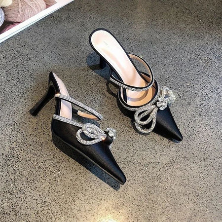 Imitation Sandals and Butterfly Knot for Women, High Heels, Narrow Slippers, Party Bombs, Luxury Wedding Shoes, Summer Fashion