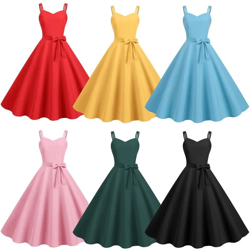 Sexy French Style Summer Vintage Hepburn Large Swing Dress Sleeveless Gown for Women in Red Blue And Pink Colors