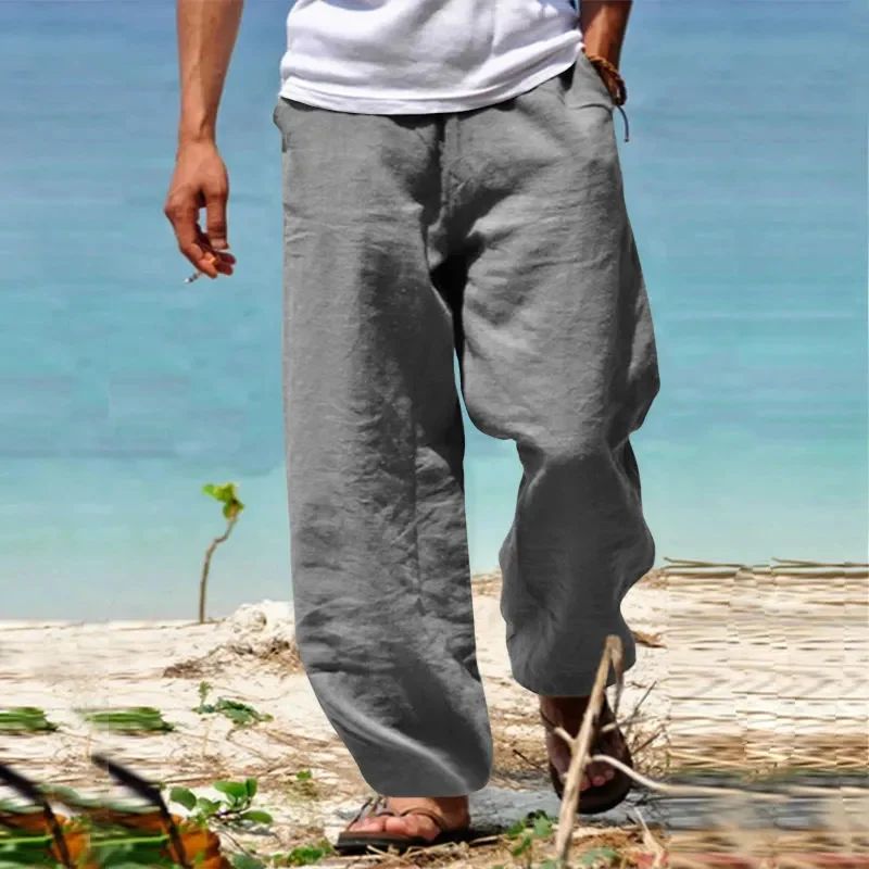 Men's Linen Beach Pants Breathable Loose Straight Trousers Male Summer Casual Solid Color Japanese Streetwear