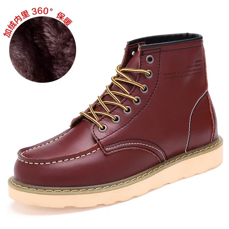 Winter Leather Men Boots Warm Mens Snow Boots with Fur Waterproof Handmade Male Ankle Boots No-slip High Top Male Work Shoes