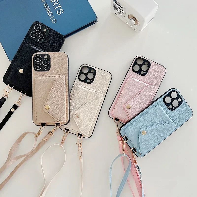 Lanyard Crossbody Strap Leather Phone Case for iPhone 17 Air 16 15 Plus 14 13 12 11 Pro Max  Wallet with Card Holder Cover