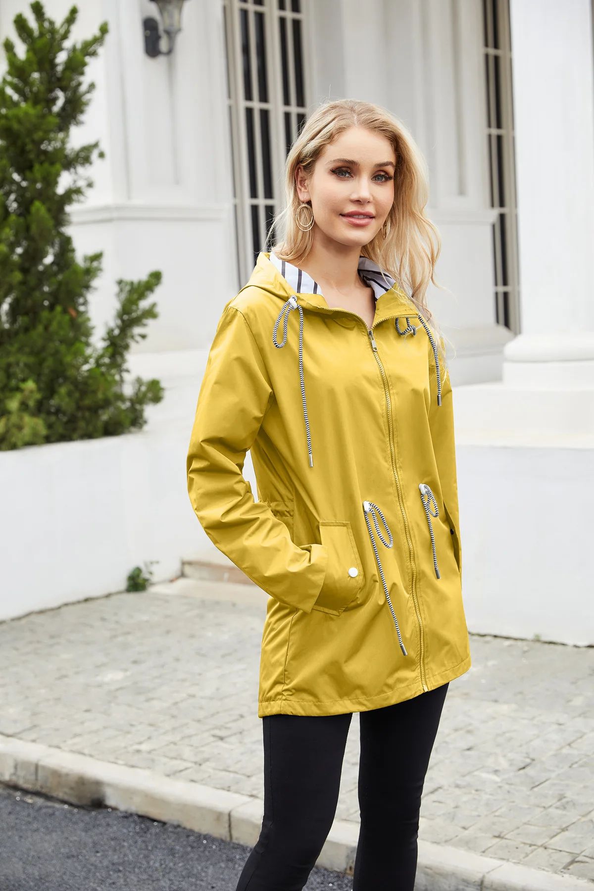 Blue Waterproof Hooded Jacket Women Fashion Casual Coat Waist Drawstring Tie Zipper Switch Red Green Yellow Black Windbreaker