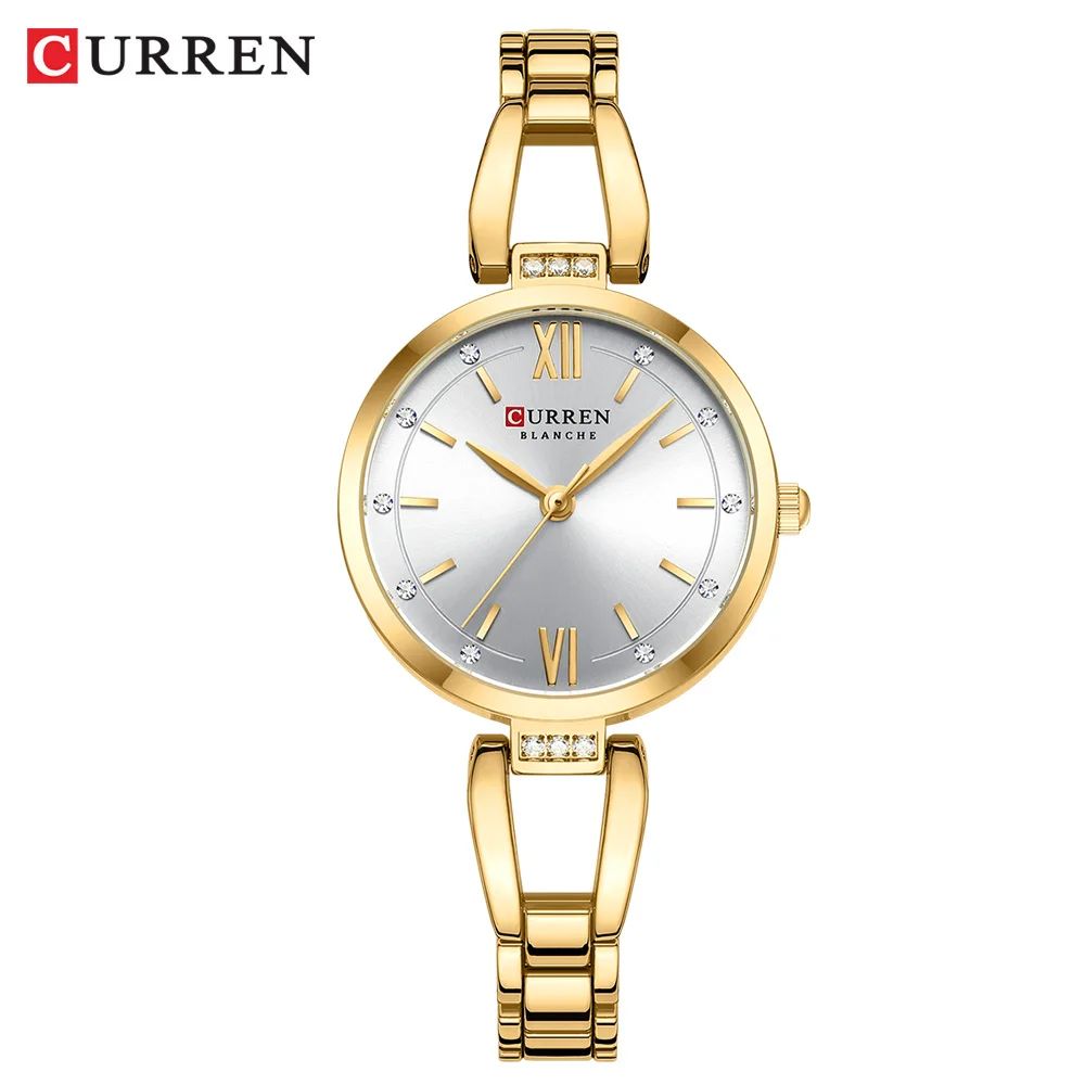 CURREN Luxury Elegance Ladies Watch with Sparkling Rhinestones Simple Quartz Stainless Steel Bracelet Wristwatch