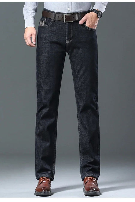 Men's Wool Velvet Jeans Winter Fleece Thickened Business Casual Straight Denim Pants Soft Cozy Thermal Stretch Trousers Male