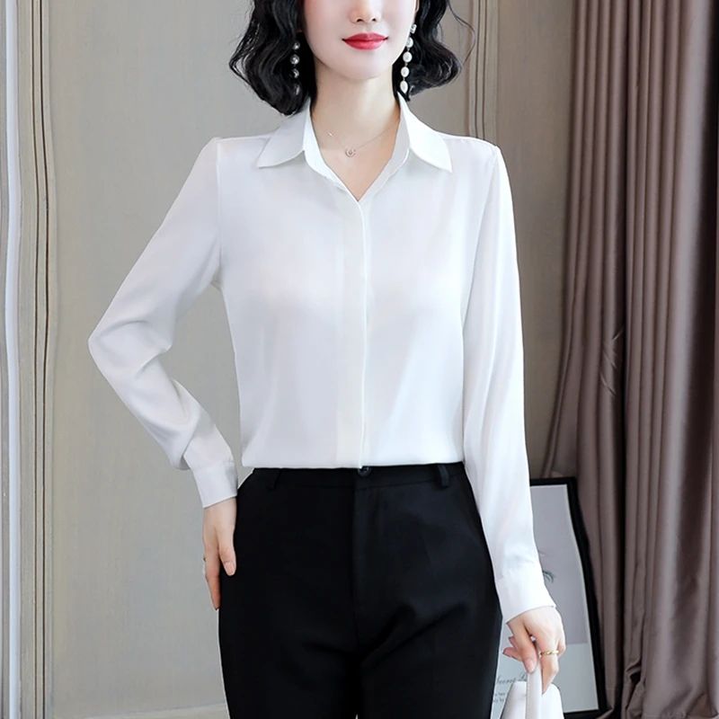 Women Silk Office Shirt 2025 Fashion Long Sleeve Casual Female Tops Elegant Ladies Vintage White Satin Blouses Shirts Oversized