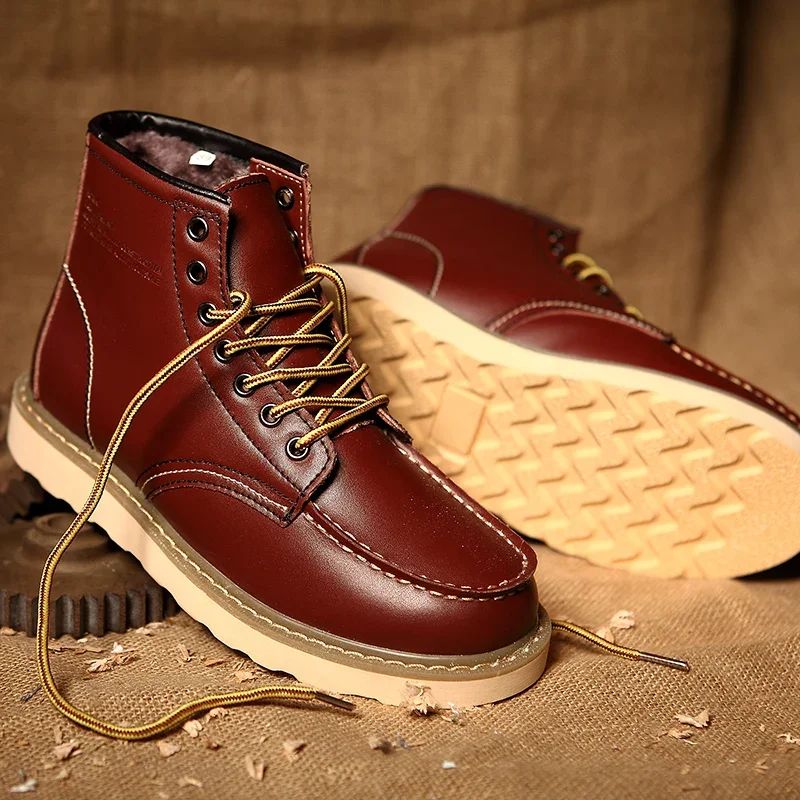 Winter Warm Men Boots Leather Mens Snow Boots with Fur Handmade Waterproof Male Ankle Boots No-slip High Top Male Work Shoes