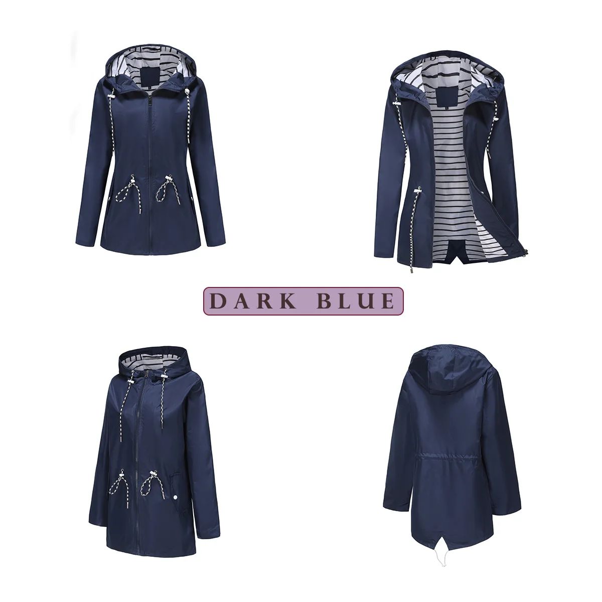 Blue Waterproof Hooded Jacket Women Fashion Casual Coat Waist Drawstring Tie Zipper Switch Red Green Yellow Black Windbreaker