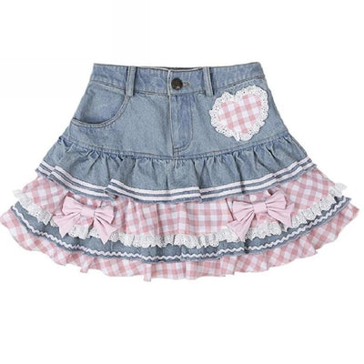 Preppy Style Lolita Kawaii Skirts Japanese Sweet Mini Women Harajuku Cute Ball Gown Denim Skater Y2K High Waist Lace Cake Skirts