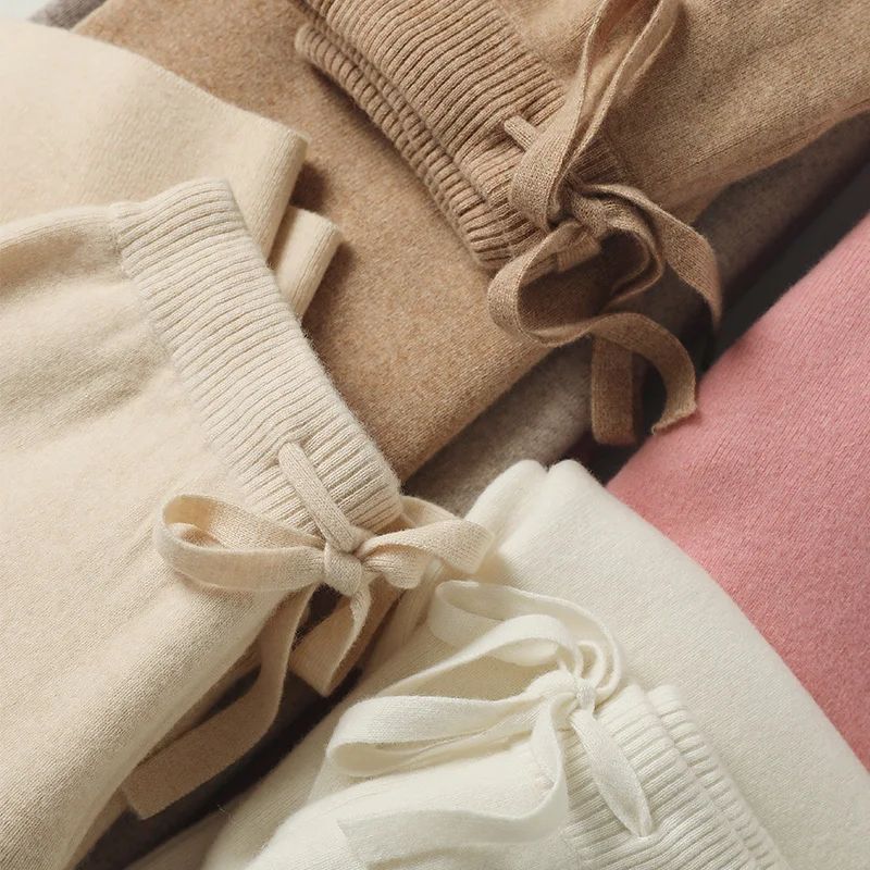 Spring Autumn Women High Waist Wool Wide Leg Pants Solid Soft Warm 100% Merino Wool Knitted Trousers Belt Casual Korean Fashion
