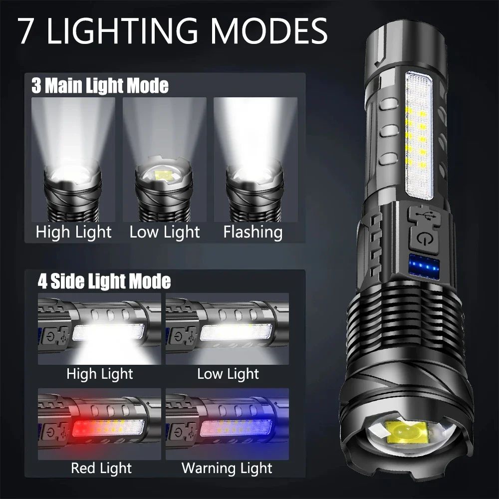 High Power LED Flashlight Powerful USB Rechargeable Zoomable Flashlight with COB Side Light Torch for Outdoor Camping Hiking